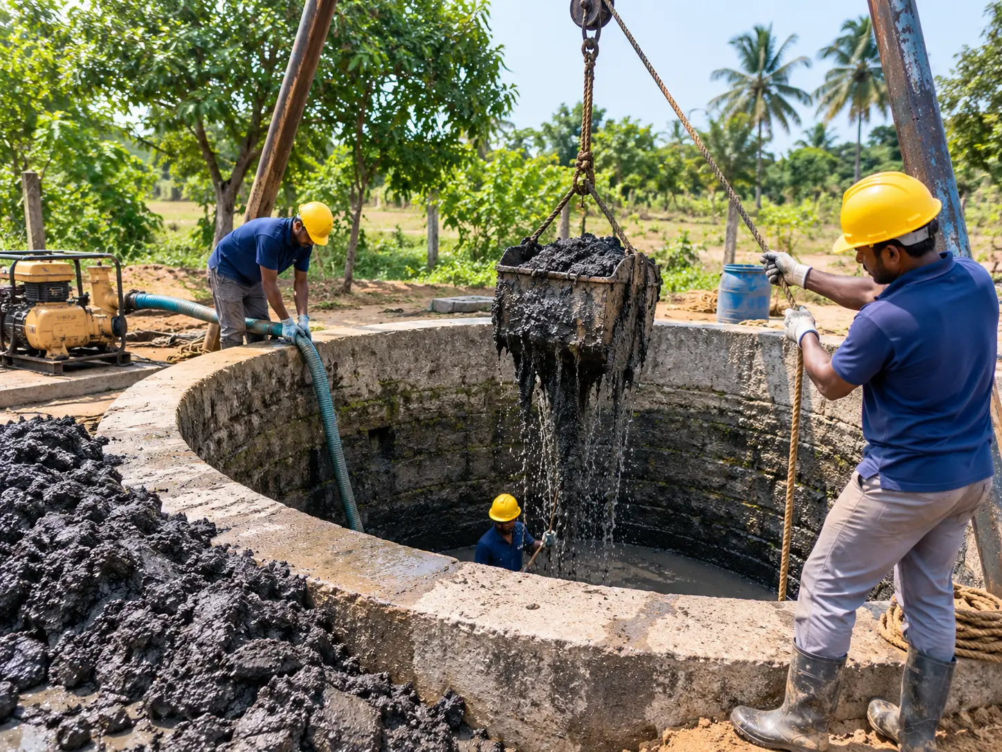 Workers removing silt while cleaning and deepening an old open well
