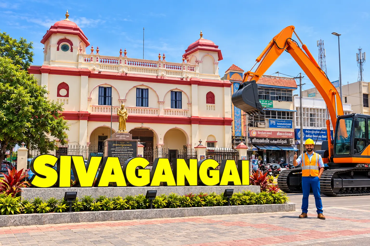 Open well contractors with excavator in Sivagangai, Tamil Nadu