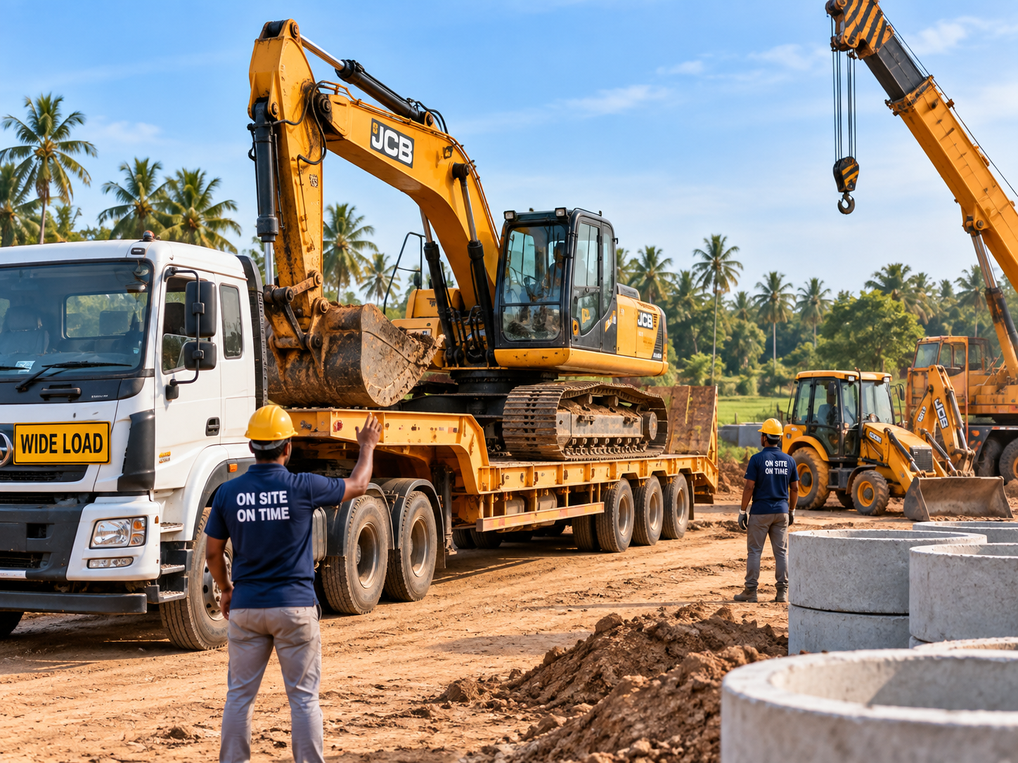 Our own JCB excavator digging an open well on a Tamil Nadu farm site