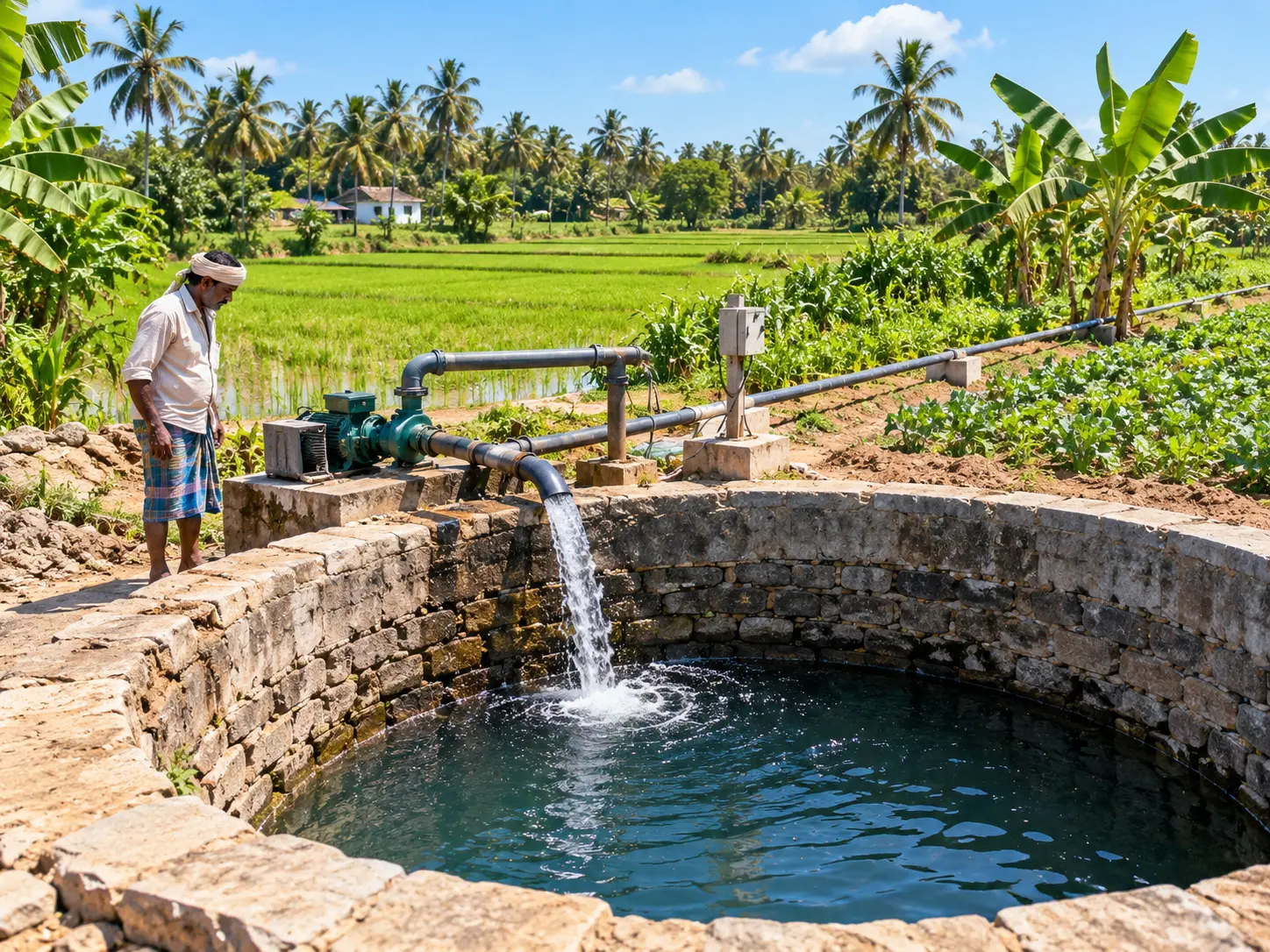 Completed agricultural open well watering crops on a Tamil Nadu farm