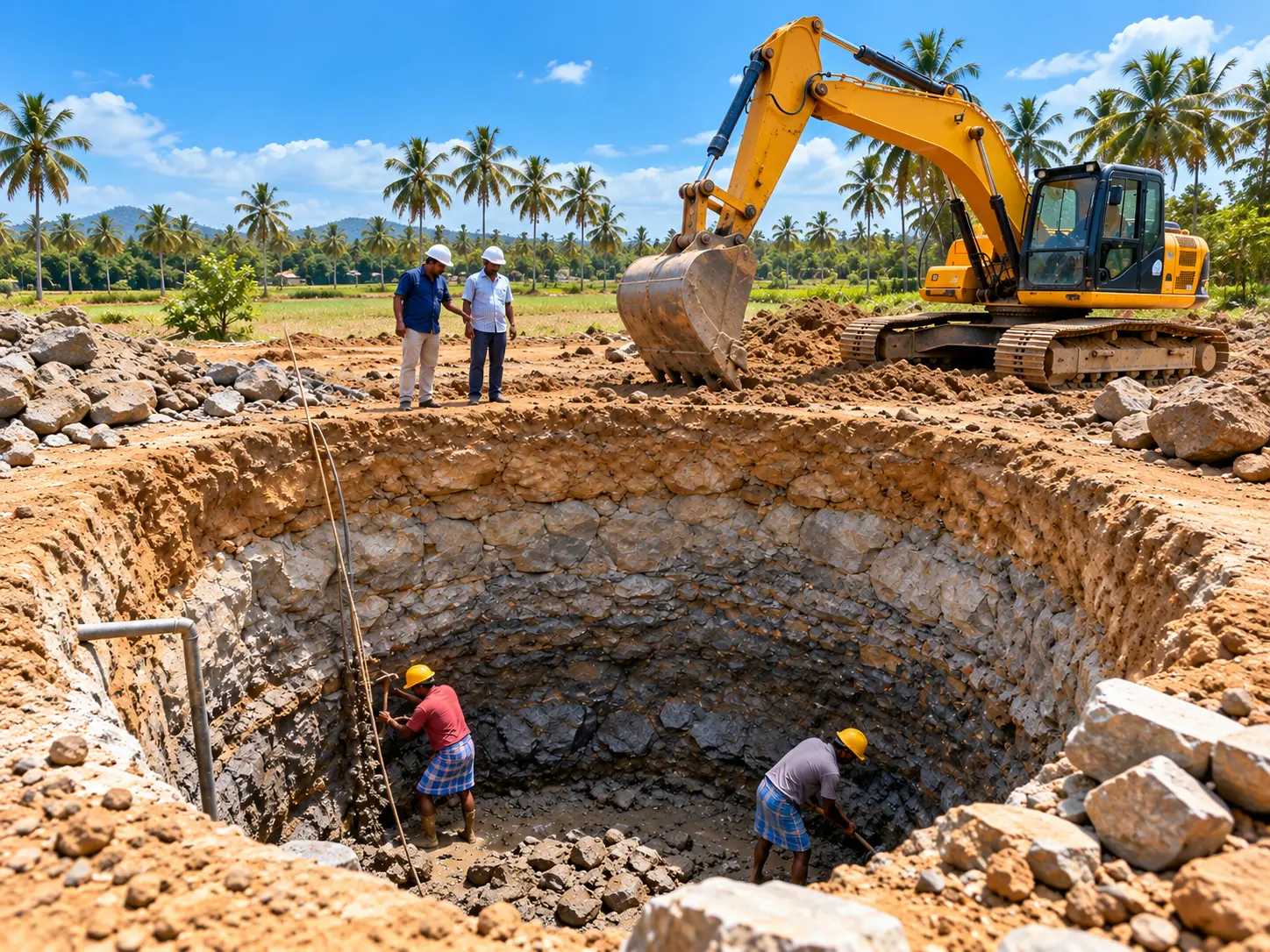 Workers and machine digging a new open well in a Tamil Nadu farm field