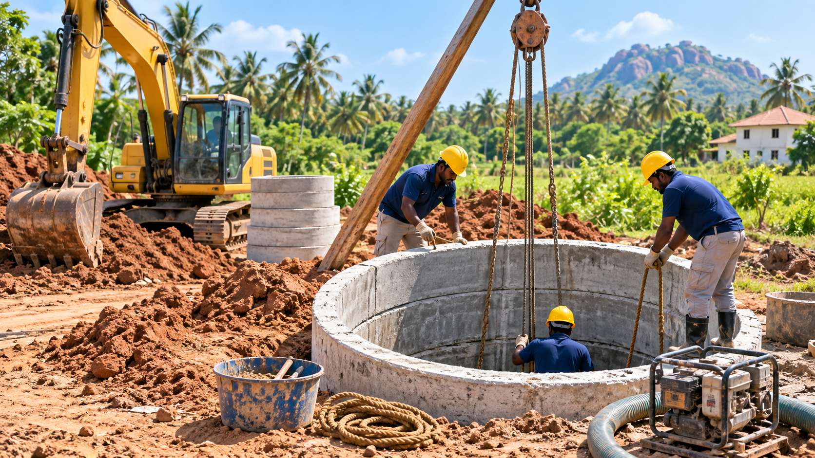 Crew constructing a concrete ring open well with a pulley hoist and excavator in Tamil Nadu