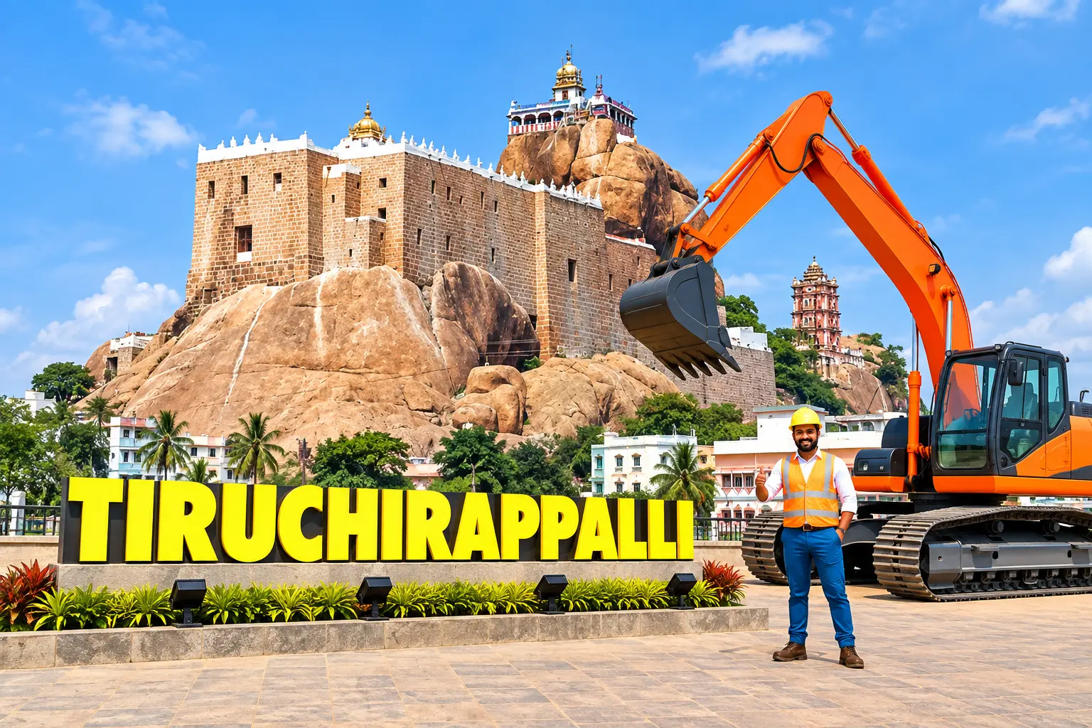 Open well contractors with excavator in Tiruchirappalli, Tamil Nadu