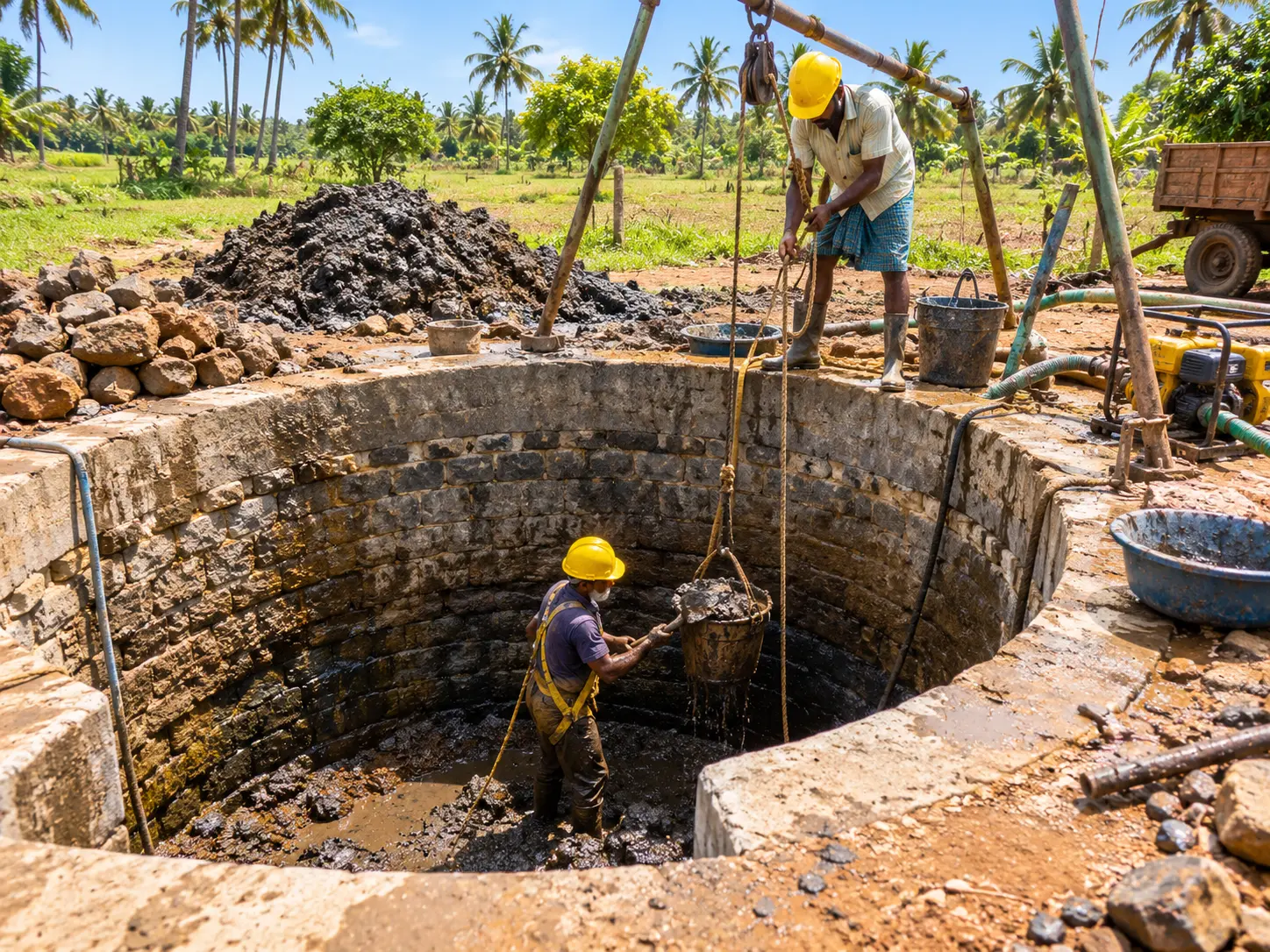 Crew cleaning silt from and deepening an old open well in Tamil Nadu