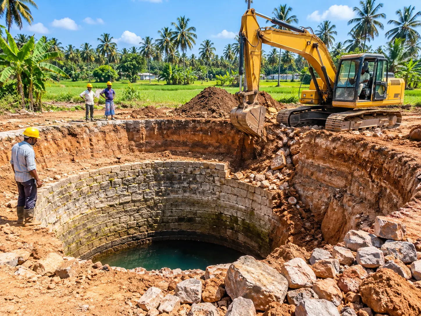 Excavator widening an existing open well at a Tamil Nadu farm site