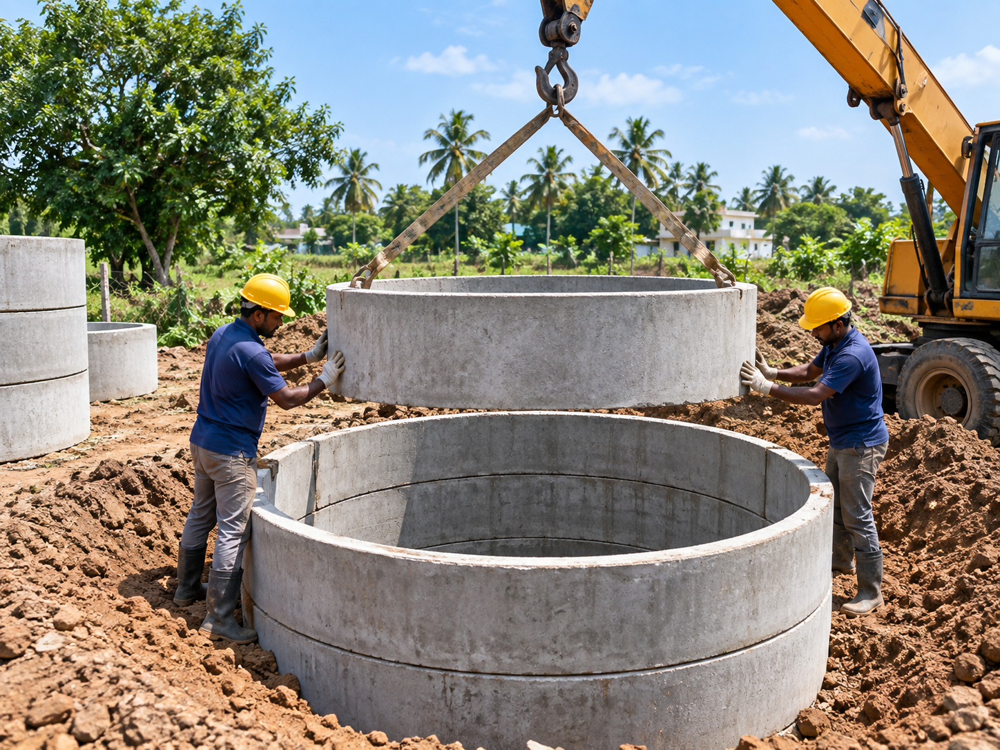 Concrete rings being lowered into a new ring well at a Tamil Nadu farm