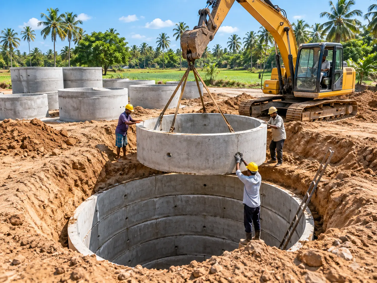 Concrete rings being set one over another to build a ring well in Tamil Nadu
