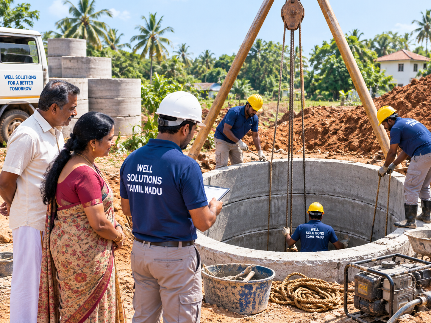 Digging & Construction step — Crew installing concrete rings and digging an open well on a Tamil Nadu farm