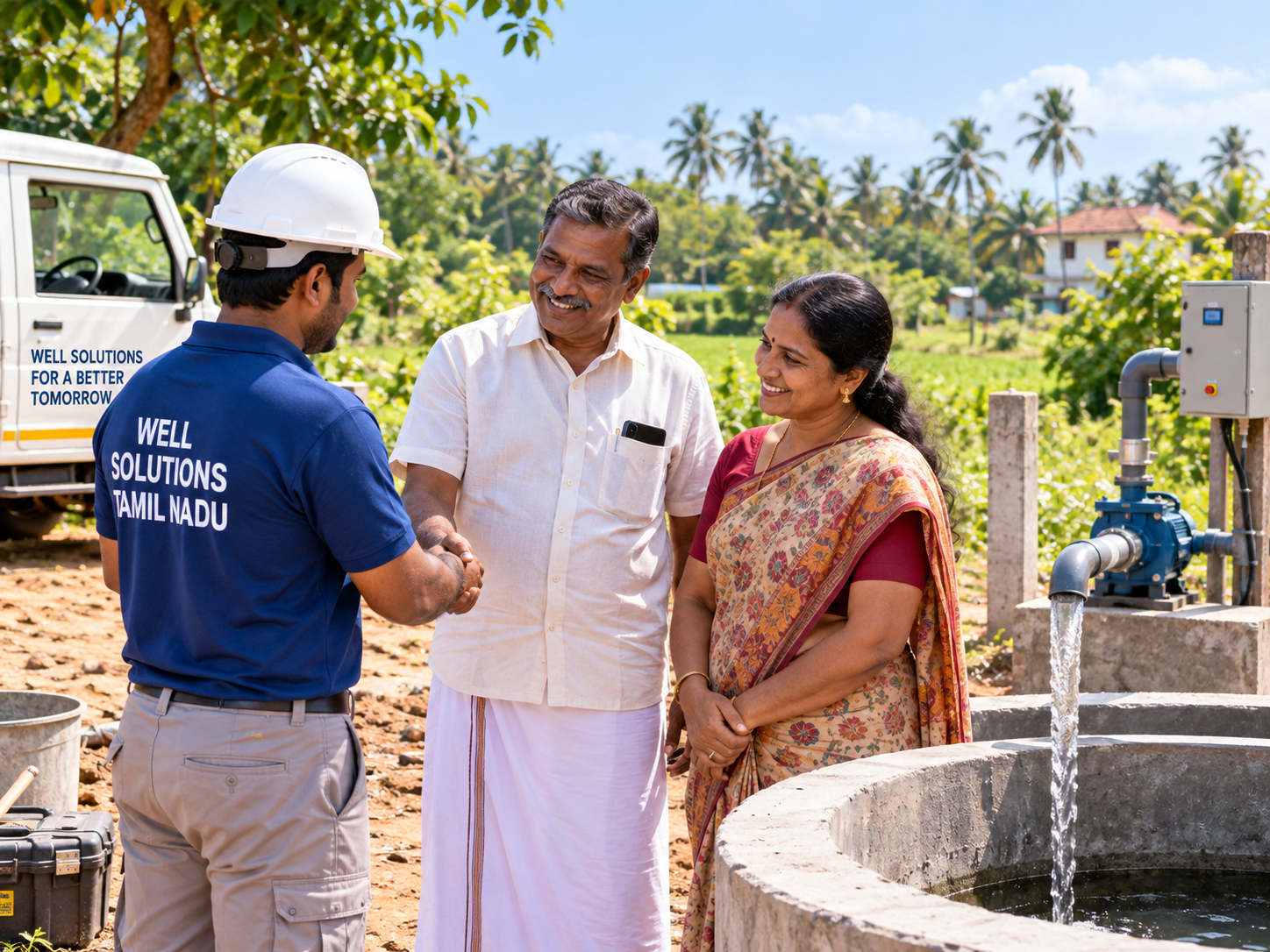 Handover step — Completed open well with pump running as the contractor hands over the finished work