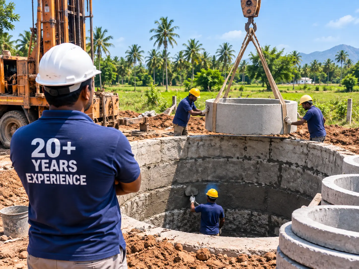 Open well contractor with 20+ years of experience guiding well digging work in Tamil Nadu