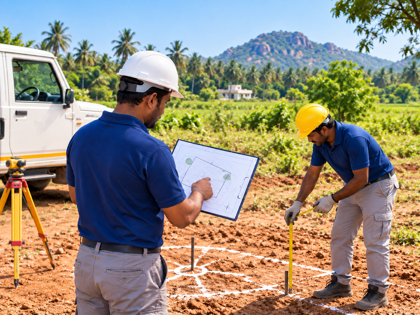 Site Visit step — Contractor surveying a farm site with measuring tape and blueprint before open well digging