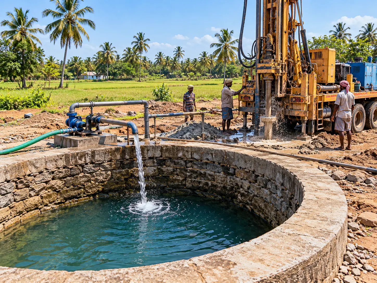 Bore well connected to an open well supplying water to a Tamil Nadu farm