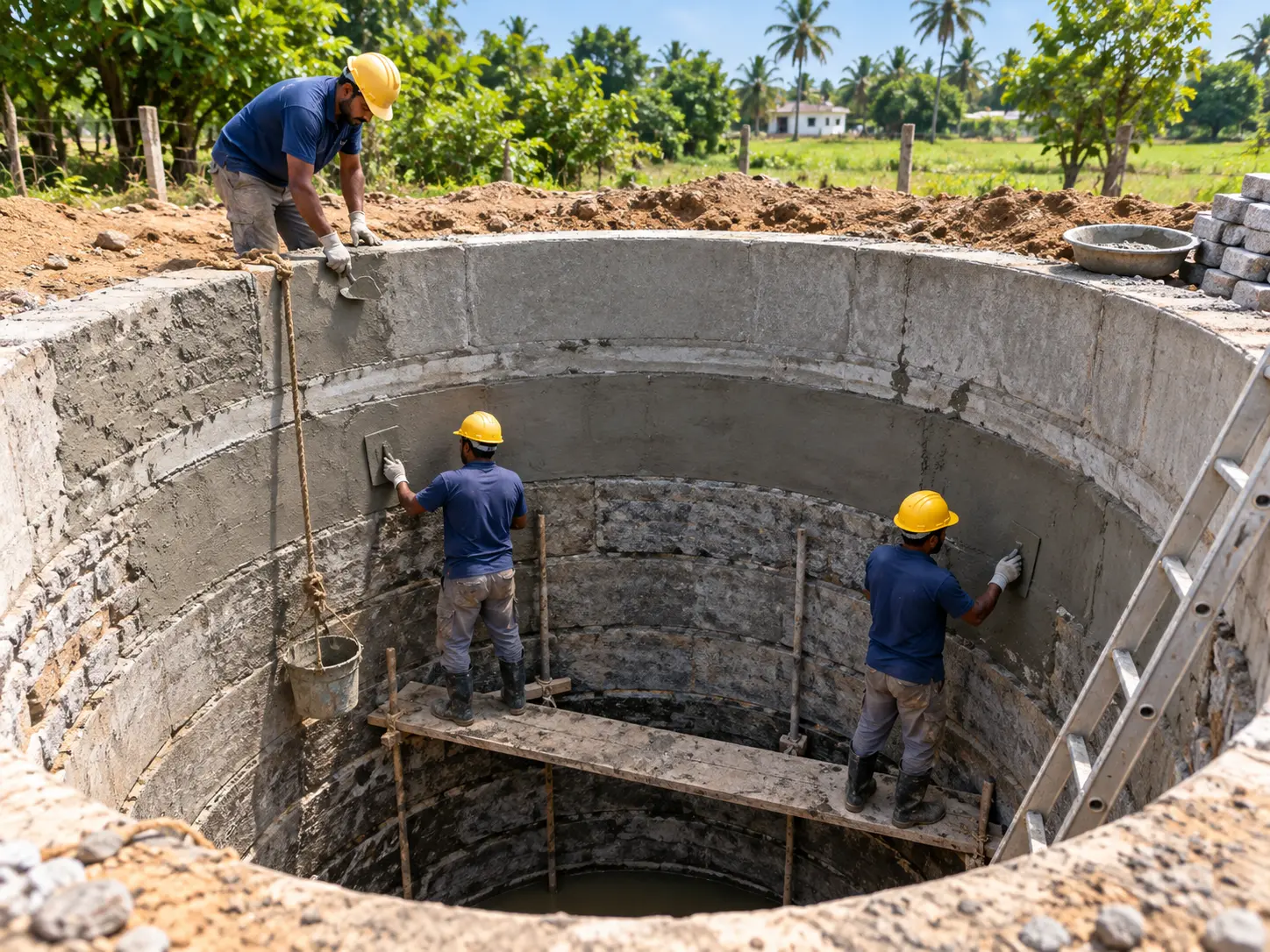 Workers widening and reinforcing the walls of an existing open well