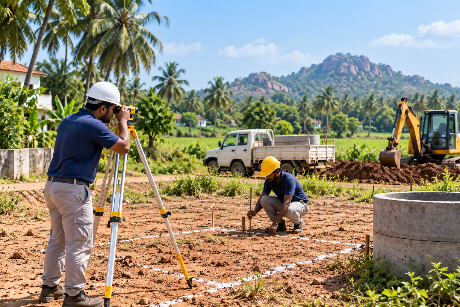 Open well contractors surveying and marking a well site in rural Tamil Nadu with a level, truck and excavator