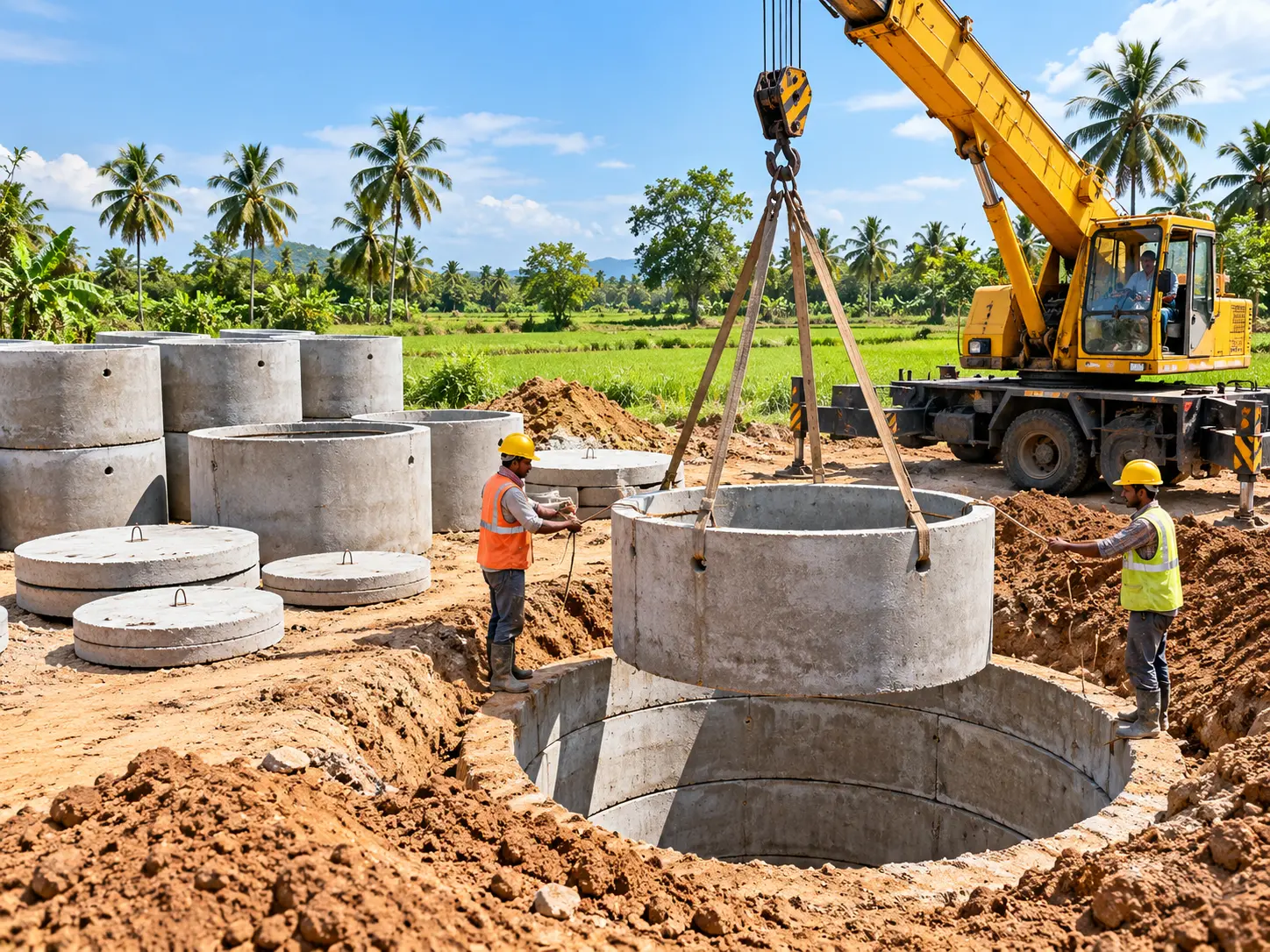 Concrete well rings supplied and installed for an open well in Tamil Nadu