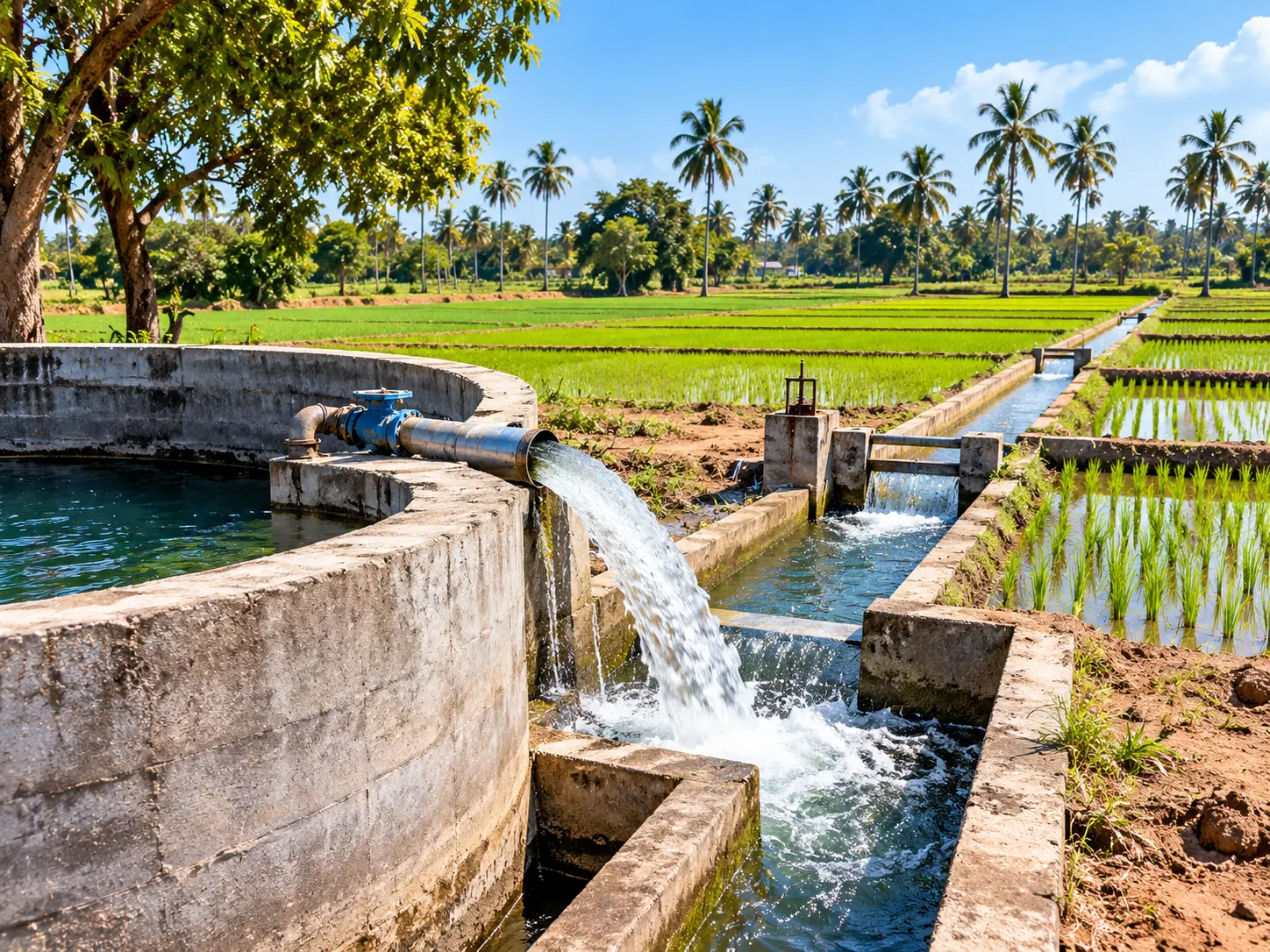 Irrigation open well with a pumpset feeding water to a Tamil Nadu field