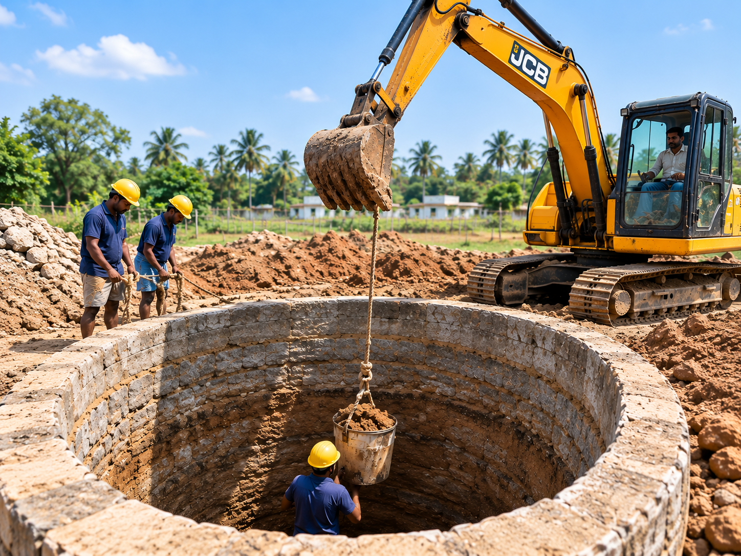 Workers and a JCB excavator digging an open well in a Tamil Nadu farm
