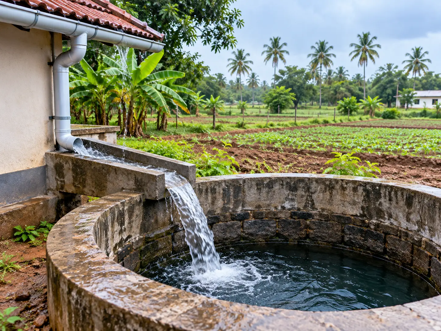 Roof rainwater directed into an open well for groundwater recharge
