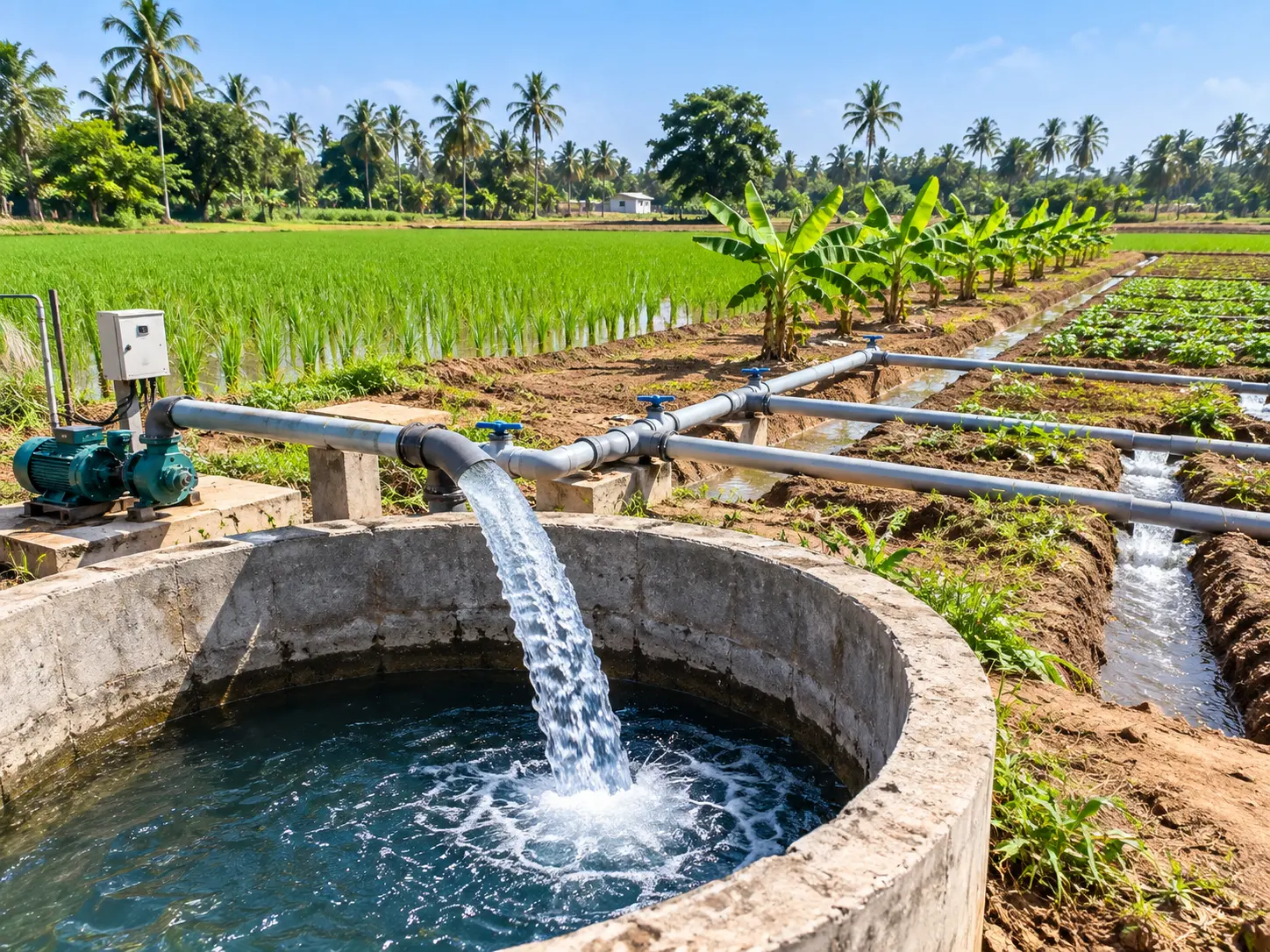 Irrigation open well pumping water through farm irrigation pipes