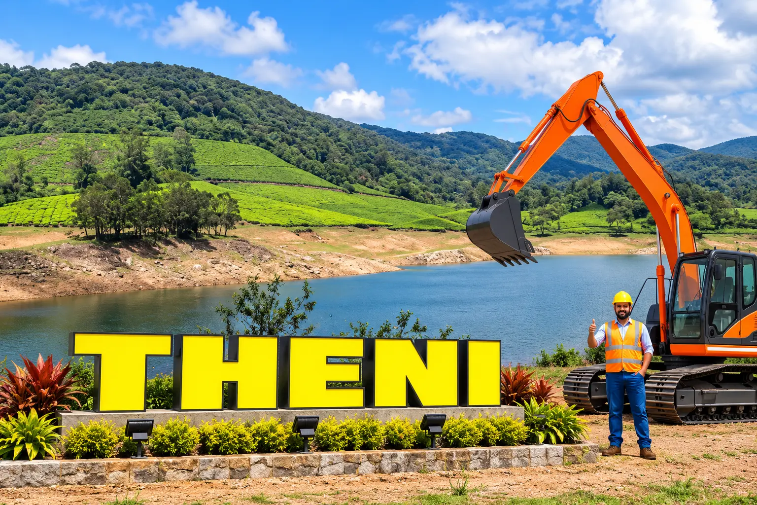 Open well contractors with excavator in Theni, Tamil Nadu