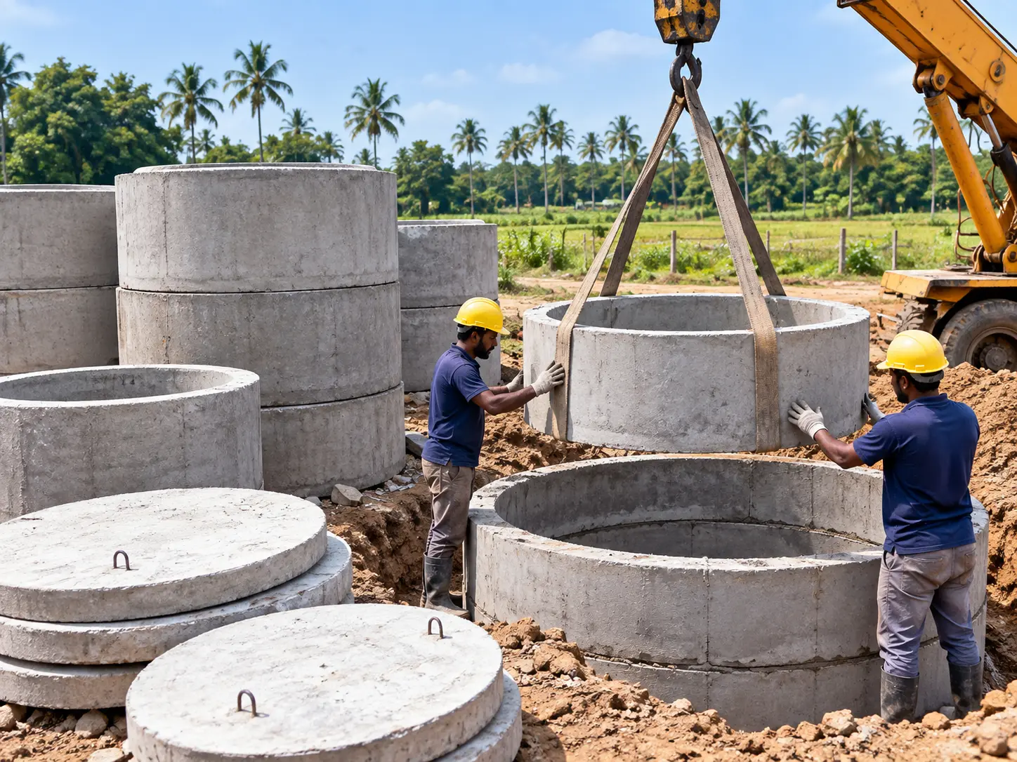 Concrete well rings supplied and installed with lifting machinery