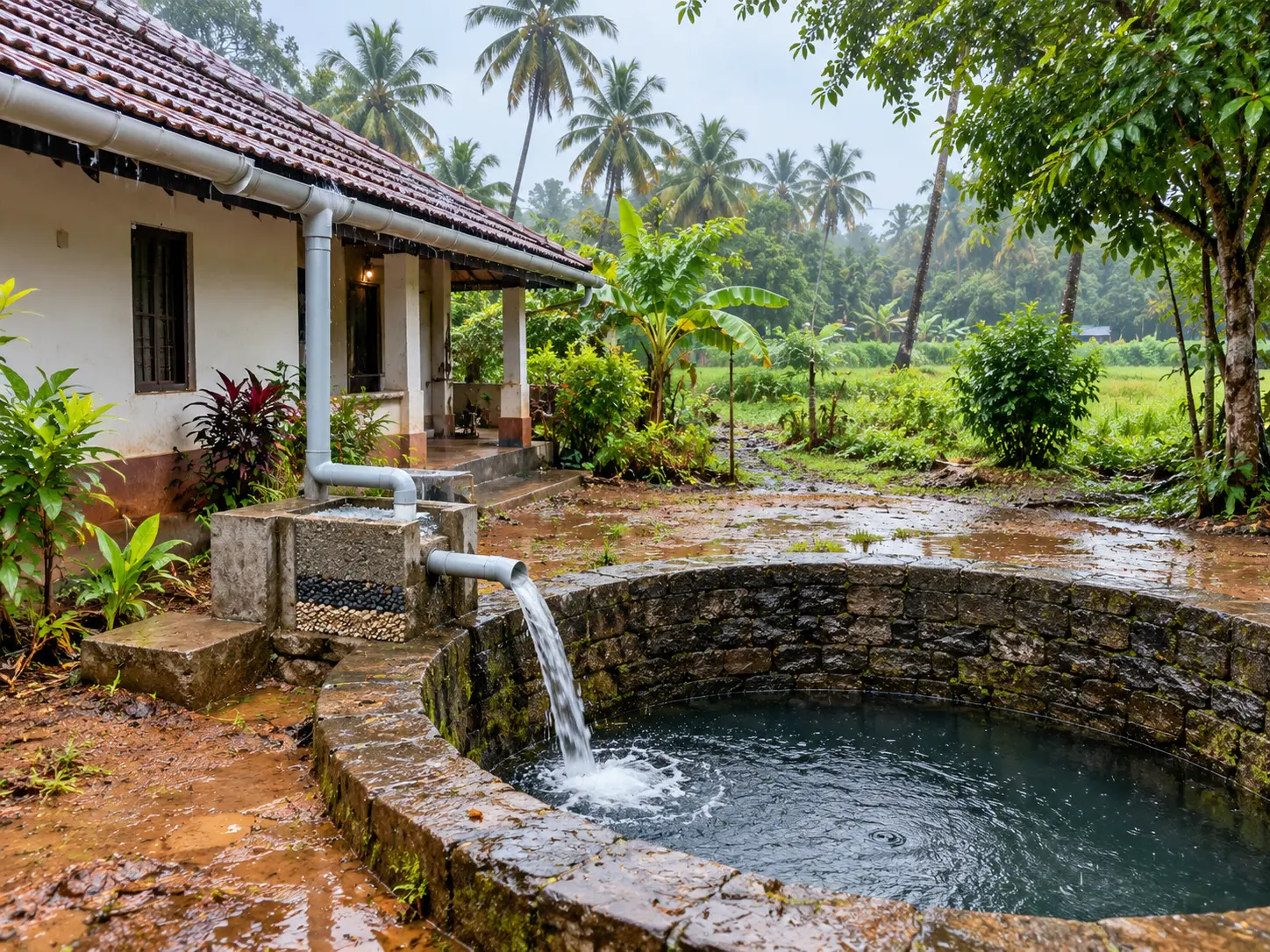 Rainwater harvesting open well storing monsoon water on a Tamil Nadu farm
