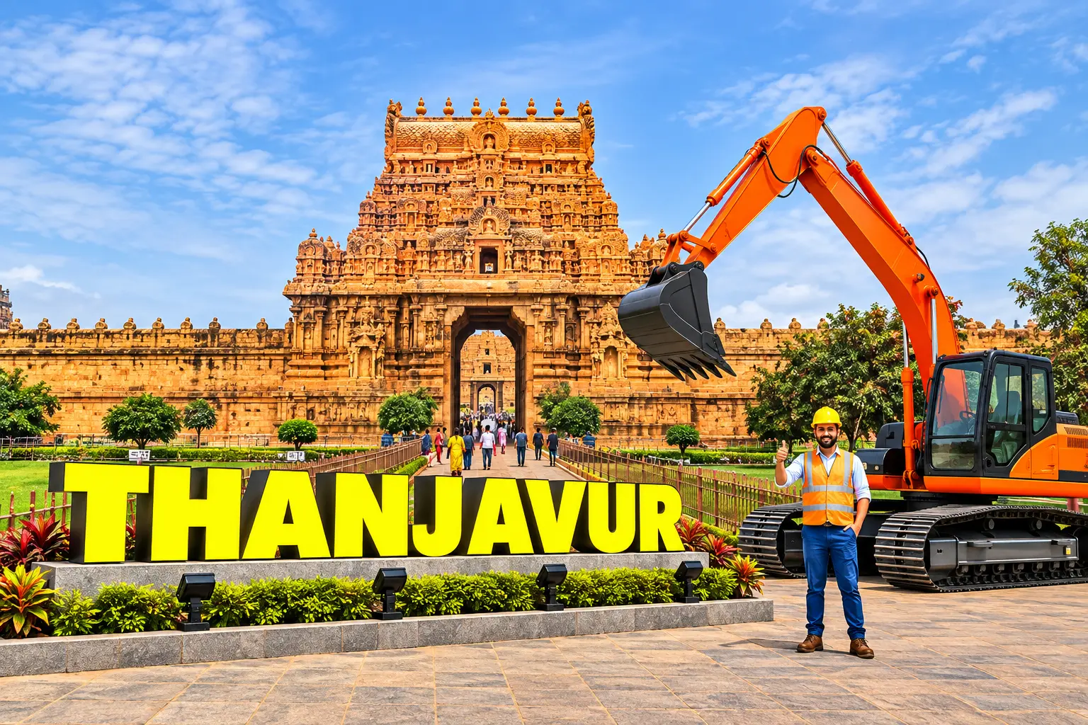 Open well contractors with excavator in Thanjavur, Tamil Nadu