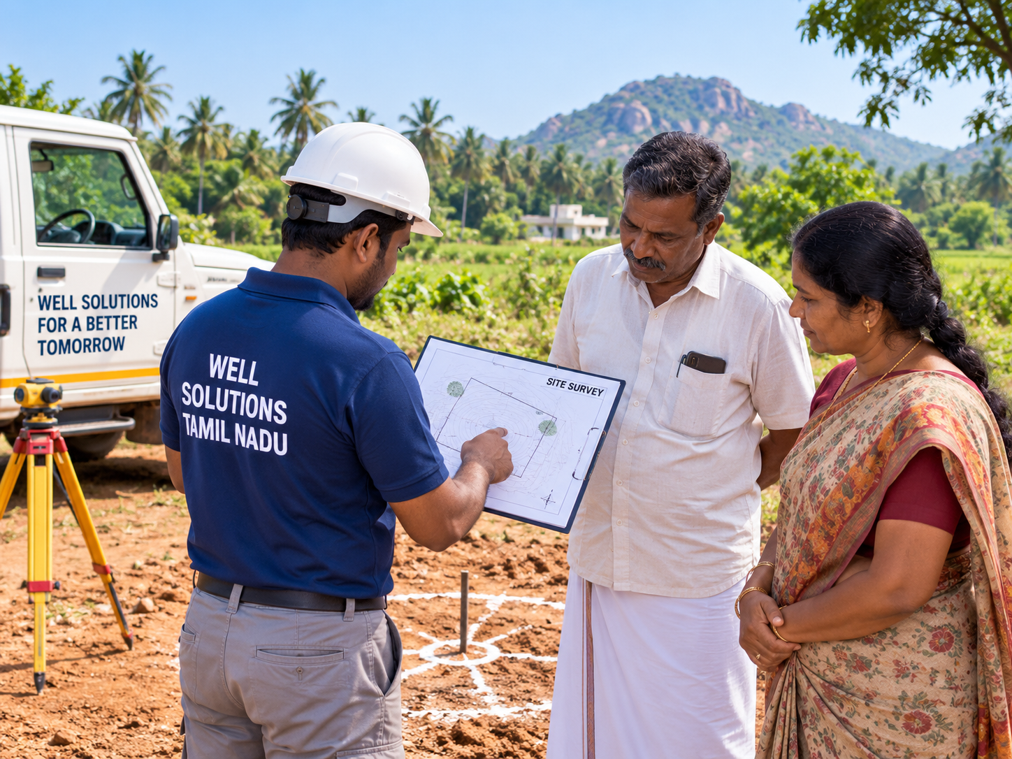 Clear Quote step — Contractor explaining a written open well quote to a farming couple in Tamil Nadu