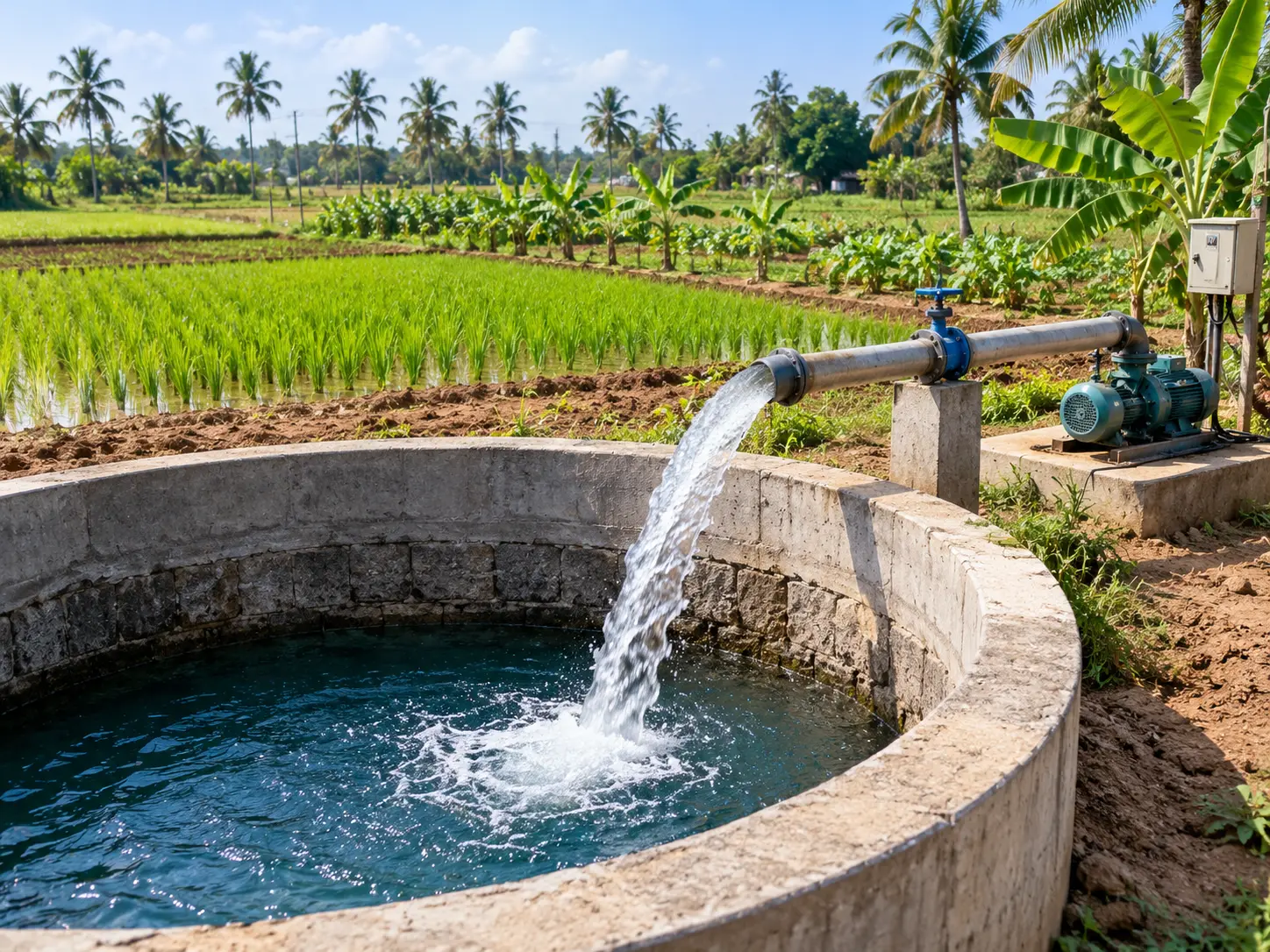 Agricultural open well supplying water to a green paddy field