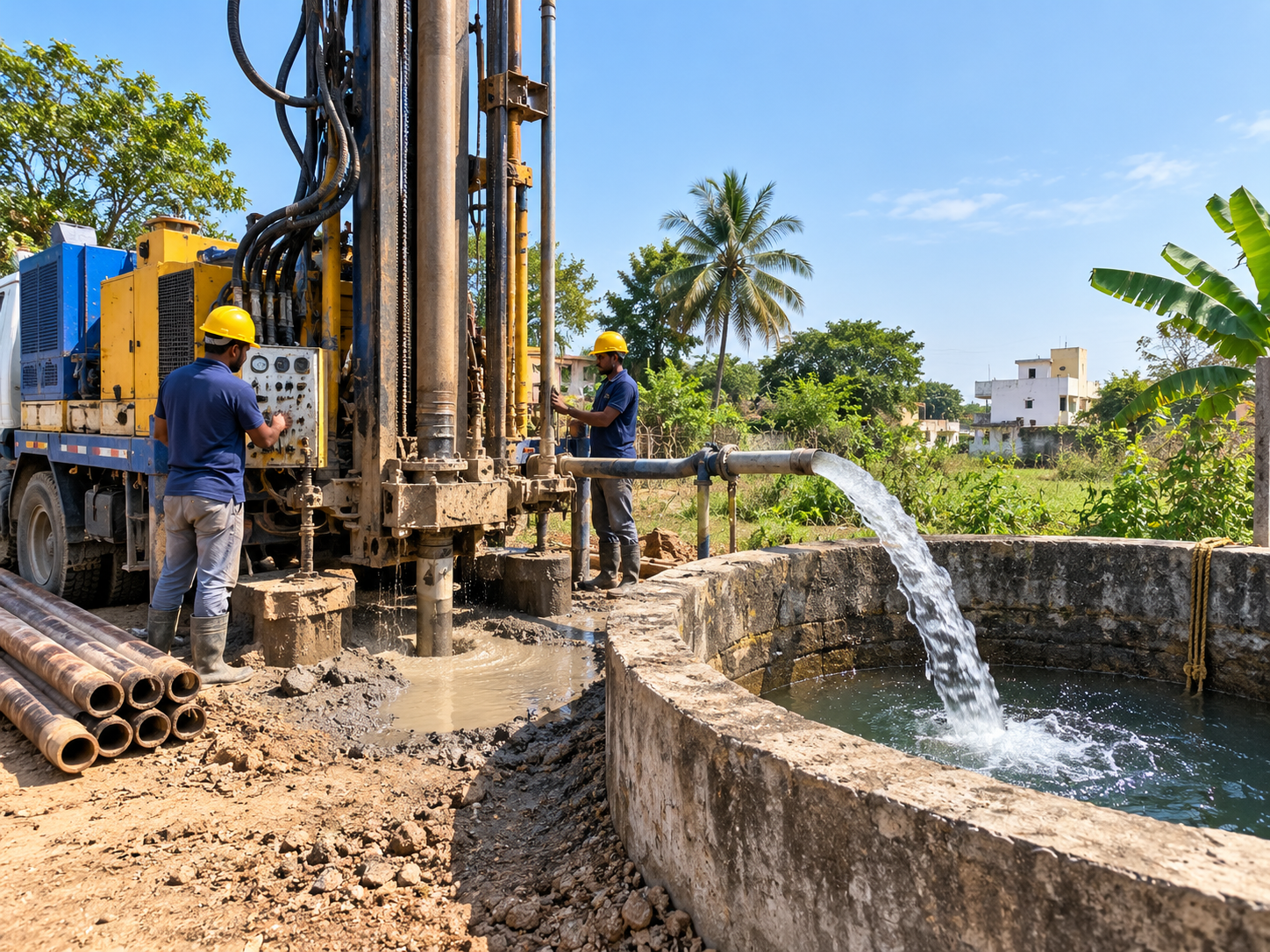Bore well drilling beside an open well with water flowing into the well