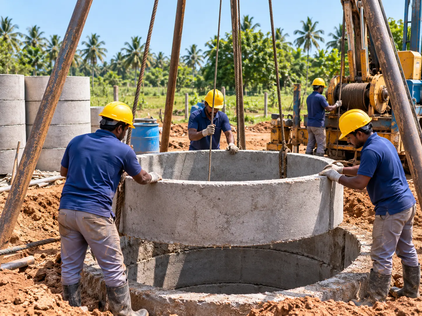 Skilled, trained well digging workers in helmets on a Tamil Nadu open well site