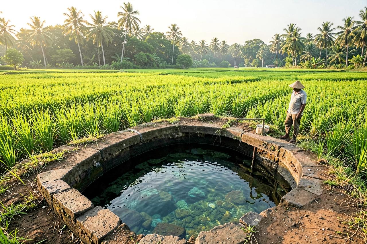 Completed open well full of groundwater in a Tamil Nadu paddy field